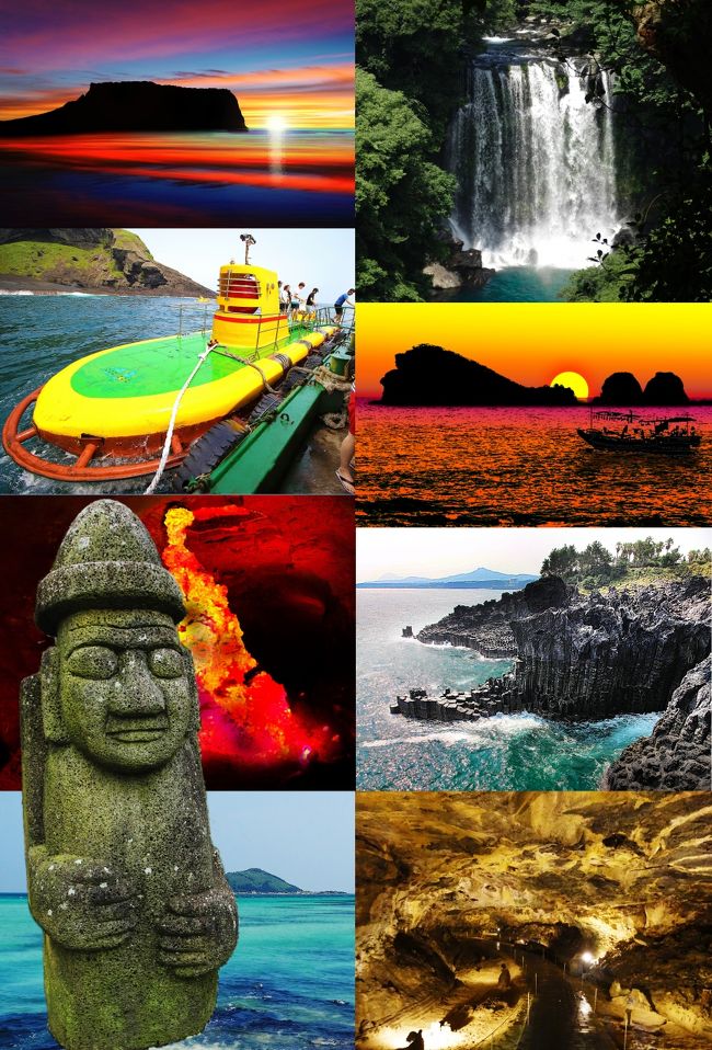 済州島のメジャースポットを観光した旅行記です。<br />写真だけでも眺めていただけたら嬉しいです。<br />よろしくお願いします。<br />旅行記作成にあたり、色々お世話になったトラベラーの皆さんにも感謝いたします。<br /><br />【遠出はできない・・】<br />家族でハワイ旅行に行った後ですから夏は数日の夏休みが取れても、それでは遠出は出来ないですし、何もない夏もちょっと寂しい。<br /><br />【激安済州島ツアー】<br />2015年6月にふとメールを見たら済州島の2泊3日の安いツアーがありました。<br />とりあえず、『航空券』+『ホテル』のみというものです。<br />ホテルの送迎はありますが、行きも帰りも免税店などに寄ることが条件らしく、<br />送迎をキャンセルすると料金が発生します。<br />ということで、そのまま申し込みました。<br />済州島は初めてです。<br />2015年は日韓国交正常化50周年にも関わらず韓国も色々なことが勃発して、日本の観光客も減り気味とか。<br />そこをチャンスととらえて済州島に乗り込みました。<br /><br />【メンバー】<br />相方とふたり旅です。<br />娘は韓国には行ったことがあるので今回はパスだそうです。<br /><br />【タクシーチャーター】<br />4トラの旅行記と口コミをチェックすると、効率よく観光するにはタクシーチャーターが良さそうです。<br />済州島のタクシーはソウルのタクシーと比較するとかなり安心といえます。<br />乗車拒否や改造メーターなど悪質なタクシーは無いとは断言できませんが、無いに等しいぐらい安心です。<br />そこで、1日目はホテルにお昼過ぎに付く予定なのでタクシーを拾いながらの観光にしました。<br />2日目と3日目は終日『日本語タクシー』を日本から予約しました。<br /><br />【日本語可能なタクシーチャーター代】<br />1日タクシー料金は8時間 で10,000円~11,000円 (韓国ウォン100,000 ) ぐらいです。延長料金は1時間毎に1,000円ぐらいです。<br />出発時間は午前9時-10時頃が多いようですが私は午前8時出発をお願いしました。一般的な到着時間は 午後5時-6時頃を目安に計画すると良いようです。<br /> <br />ちなみに半日タクシー料金:4時間 7,000円~9,000円 ( 韓国ウォン70,000~80,000 ) <br />延長料金は1時間毎に1,000円ぐらいが多いです。<br />出発時間は自由です。<br />(半日タクシーは割高になる率が高いので注意です。)<br /><br />【チャーターの支払い日本円が得】<br />2015年7月現在10,000円で韓国ウォン100,000は無いですから日本円で支払う方がお得です。<br /><br />【朴(パク)さんタクシー】<br />私が日本から予約したのは『朴さんタクシー』です。<br />日本語を話せるドライバー件日本語ガイドもしてくれる済州島でも有名人。<br />有名人だけに安心というのもあります。<br />朴さん本人も写真撮影が大好きで撮影ポイントにも詳しいので、<br />写真撮影重視の私にとっても都合がいいのです。<br />ということでタクシーチャーターを2日目と3日目の2日間予約しました。<br />料金も日本円で1日8時間10,000円、延長料金は1時間毎に1,000円なので分かりやすいです。<br /><br />済州島観光日本語タクシー朴サンウンHP<br />http://jejutourtaxi.net/<br /><br />【旅スケジュール】<br />■07/14<br />関空09:00発 KE-734 : 済州国際空港10:40着<br />到着後、現地係員がお出迎え。免税店1店に案内後、ホテルへ<br />(※免税店に寄らずホテルに直行できました。)<br />主な観光場所<br />旧済州<br />・【龍頭岩(ヨンドゥアム)】<br />・【三姓穴(サムソンヒョル)】<br />・遅い昼食【三代グクス会館】で『コギグクス』<br />・【済州島民俗自然史博物館(チェジュドミンソクチャヨンサパンムルグァン)】<br />・夕食【オメフッテジ(オメ黒豚)】で『黒豚の五枚肉(オギョプサル)』など<br /><br />■07/15<br />日本語タクシーチャーターで終日観光<br />《 済州島の東側の観光スポットへ 》<br />・【サングムプリ】カルデラ状の陥没景観<br />・【城邑民俗村(ソンウプミンソクチョン)】<br />・【城山日出峰撮影地】全景を撮るならココ、日の出撮影ポイント<br />・【城山日出峰(ソンサンイルチュルボン)】済州島定番観光スポット<br />・昼食【韓星食堂でアワビ料理】<br />・【牛島(ウド)潜水艦乗船】連絡船にも乗れる<br />・【万丈窟(マンジャングル)】巨大な溶岩洞窟、済州島定番観光スポット<br /><br />■07/16<br />最終日です。<br />日本語タクシーチャーターで終日観光<br />《 済州島の西と南西側の観光スポットへ 》<br />・【翰林公園(ハルリムコンウォン)】・【挟才・双龍洞窟(ヒョプチェ・サンヨン・ドングル)】黄金に輝く洞窟へ<br />・【金陵海水浴場(クムスンヘスヨッチャン】景観の美しい海水浴場<br />・【高山浦(遮帰島(チャグィド)撮影ポイント)】夕日撮影スポット<br />・【水月峰(スウォルボン)】済州島本島最西端<br />・【松岳山(ソンアクサン)】チャングムのロケ地<br />・【山房山(サンバンサン)】・【山房窟寺(サンバングルサ)】<br />・【天帝淵瀑布(チョンジェヨンポクポ)】天女も戯れる美しい滝<br />・【ロッテホテル済州】高級リゾートホテルここでティータイム<br />・【大浦柱状節理帯(テポチュサンジョルリデ)】絶景海岸<br /><br />済州国際空港19:30発 KE-733 : 関空21:00着<br />(ツアーではホテルより韓国食料品店立寄り後(所要約30分)済州国際空港への送迎でしたが、『ツアー離脱書』提出により帰りの送迎バスをキャンセルできました。)<br /><br />【宿泊ホテル】<br />新済州のホテル<br />『ホテルミラノクラウン』<br />済州道済州市蓮洞273-44<br />Tel:064-746-7800<br /><br />【レート】<br /> 韓国ウォン/円の為替レート<br />2015/07 1ウォン=0.1077円<br />旅行記では韓国ウォンを『ウォン』で表記します。<br /><br />【表紙の写真】<br />左上から下へ順に、<br />『城山日出峰(ソンサンイルチュルボン)撮影スポットからの朝日』イメージ<br />『牛島(ウド)潜水艦』<br />『万丈窟(万ジャングル)の溶岩石柱』イメージ<br />『金陵海水浴場(クムスンヘスヨッチャン)』<br />右上から下へ順に、<br />『天帝淵瀑布(チョンジェヨンポクポ) 第2の滝』<br />『遮帰島(チャグィド)撮影スポットからの夕日』イメージ<br />『大浦柱状節理帯(テポチュサンジョルリデ)』<br />『黄金に輝く洞窟:挟才・双龍洞窟(ヒョプチェ・サンヨン・ドングル)』<br />左下の石像は済州島のシンボルの『トルハルバン(石のおじいさん)』です。