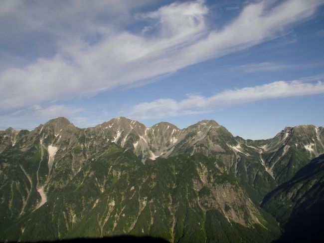 今回の蝶ヶ岳登山の目的は槍・穂高連峰の大パノラマを蝶ヶ岳稜線上で眺めることです。徳沢から蝶ヶ岳の登山道は急登ですが、樹林帯を抜けると槍・穂高連峰が形を整えて美しい姿で天にそびえていました。<br /><br />１日目　上高地〜徳沢〜長堀山〜蝶ヶ岳<br />２日目　蝶ヶ岳〜横尾分岐〜横尾〜上高地