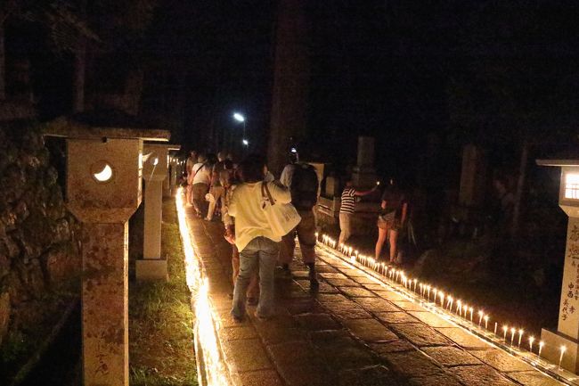 ８月１３日に行われる高野山のろうそく祭り。<br />お盆で、道路の渋滞や駐車場の問題などマイカー旅行に悩んだ結果、丁度バスツアーがあったので参加することに。<br />また、初めての宿坊体験も楽しみの一つ。<br /><br />お盆の真ん中にも関わらず、道路はスムーズ。予定より早めの到着です。<br /><br />１日目　真田幸村ゆかりの地、九度山の幸村庵にて昼食後、高野山に向かいます。<br />この日は奥之院参拝後、夜にろうそく祭りへ。<br />２日目　大師教会で菩薩十膳戒を授かり、その後壇上伽藍参拝へ。<br />高野山参拝を終え、橋本の湯の里にて昼食と入浴を終え、帰路につきました。<br /><br />高野山は曇り時々雨の天候で、ろうそく祭りの開催を心配しながらの出発でしたが、何とか見ることもでき、楽しめた旅でした。<br /><br />