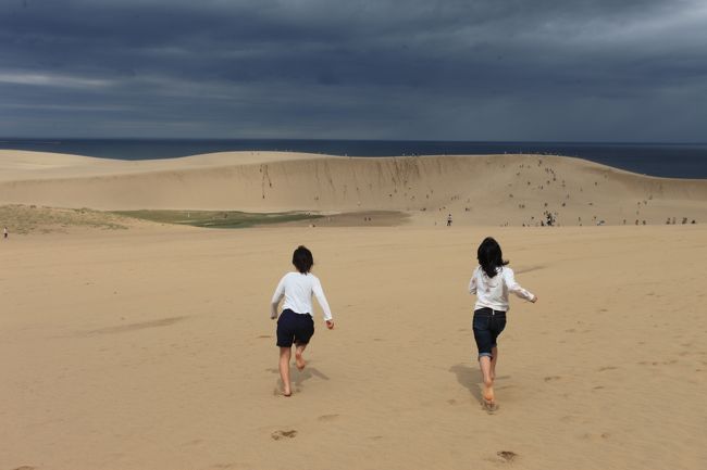 天気が心配でしたが鳥取砂丘は満喫できました<br />ただ、強風でラクダは記念撮影のみで<br />お散歩できなかったのが残念でしたが<br />鳥取砂丘の大自然を満喫していました<br /><br />リフト乗り場とかに<br />長靴のレンタルやらあるけど<br />砂が入るんで素足がお勧めですが<br />夏場は熱くて無理でしょうね<br /><br />子供との長旅も<br />そろそろ終盤です