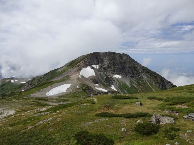 山頂からの景色が素晴らしいと言われている日本百名山の一つの白馬岳ですが、一泊で登ってきました。<br />１日目は大雪渓を経由して山頂にアタックし、２日目は大池を経由して栂池高原まで降りました。<br />２日ともにあいにくの天気でしたが、雨の中の白馬岳を堪能してきました。