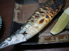 20150912-1 築地 高はしさん、さんま味噌煮 → 江戸川さん、冷たいラーメン → 高はしさん、さんま塩焼き