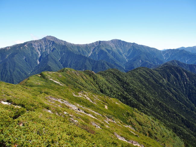 仙塩尾根…仙丈ケ岳から塩見岳まで結ぶ尾根でいわば南アルプスの北部の背骨。<br />登山シーズン中、南アルプスはちょくちょく登っているものの、間ノ岳から荒川中岳の間は(ちょうど真ん中に塩見岳があるが)未踏破のエリア、私のフロンティアである。<br />今回は仙塩尾根の北半分、仙丈ケ岳から三峰岳まで歩き、その後は間ノ岳、農鳥岳を経て奈良田へ下山。<br />仙丈ケ岳、間ノ岳は登ったことがあるものの今回の縦走路では「点」。<br />未踏破の稜線を歩いてきた。<br /><br />旅行記のタイトルの「地図をつなぐ」は私がフォローする登山ブログサイトのハイカーさんの日記から拝借しました。<br />還暦近いお孫さんのいる女性ですがテント背負って縦走する素敵な方です。<br />歩くのは決して早くないが、山歩きを楽しんでいる姿勢がとても魅力的です。<br /><br />北沢峠から仙丈ケ岳までは南アルプス登山の入門コースなので登山者でごったがえしているがその先、大仙丈ケ岳へ向かう仙塩尾根ルートは一転して静か。<br />初日に両俣小屋まで歩いたが、仙丈ケ岳以降、小屋に着くまでの約8.5?で会った登山者はなんと一人だけ。<br />仙丈ケ岳からも端正な北岳、間ノ岳を見ることができるが仙塩尾根から見える北岳、間ノ岳はまさに「あなただけの」感ばっちり。<br />二日目は一転して雨、稜線に出てからは強風に見舞われ、本来楽しいはずの稜線歩きが苦行になってしまったものの、最終日、農鳥岳の稜線は快晴無風で景色を楽しみながら歩くことができた。<br /><br />来年北と南、両方から攻めようと思っている塩見岳を間近で見れた。<br /><br />(ﾟДﾟ)9m ﾏｯﾄｹ塩見岳！<br />