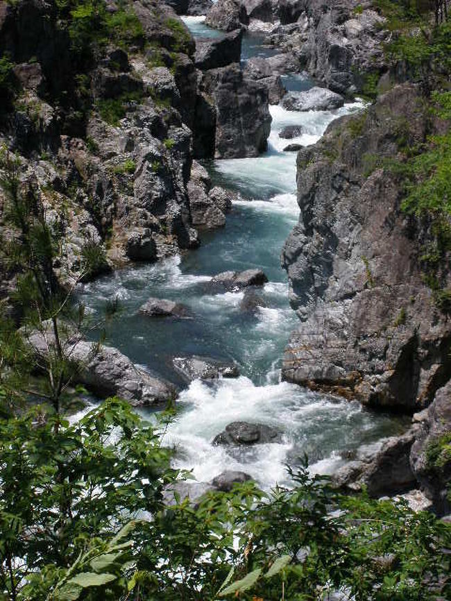 鬼怒川温泉泊予定の1日目1番最初は龍王峡です。<br /><br />龍王峡、川治温泉と鬼怒川温泉ほぼ中間の日光市藤原。<br />初めて訪れたのは3年前でした。<br />その時は虹見橋を渡り対岸へ、むささび橋を渡り一周してきました。<br />五龍王神社からの虹見の滝が綺麗で…<br />むささび橋からの眺めが良くて、また歩いてみたいと立寄りました。<br /><br />鬼怒川温泉と川治温泉の間にある龍王峡。<br />龍王峡駅の五龍王神社鳥居をくぐり川治温泉までのハイキングコース。<br />約7km・3〜4時間程度と、日光旅ナビに書いてありましたが<br />私の足ですと…5〜6時間かかってしまいそうです。( ▽|||)<br /><br />前回帰ってきてからMAPをよく見ましたら…私達が歩いた所は<br />龍王峡の中でも白竜峡という所だったんですね。<br />むささび橋から先は青龍峡、更にその先は紫雲峡というのだそうです。<br />それじゃあ今回は、せめて青龍峡という所まで行ってみましょう。<br /><br />表紙の写真は青龍峡の大観という場所から上流を夫が撮ったものです。<br />私が撮ったのは…ボケておりました。いつもですが…(__|||)<br />次は紅葉の季節に来たいな〜です。^^<br /><br />ちなみにこの時、通行止め箇所があったのですが…<br />日光旅ナビの観光スポット龍王峡のページに迂回路案内出ていました。<br /> ↓ ↓ ↓ <br />※平成26年7月11日の午後、大規模な落石のため通行止めになっていた「白岩展望台〜川治第二発電所」の間に平成27年7月18日に迂回路が完成いたしました。ハイキングをされる際は迂回路をご利用ください。(H27.7.18更新)<br /><br />龍王峡MAPは ↓(日光旅ナビより)<br />https://ssl.4travel.jp/tcs/t/editalbum/edit/11055260/?pict_id=40471950#pict_40471950<br />
