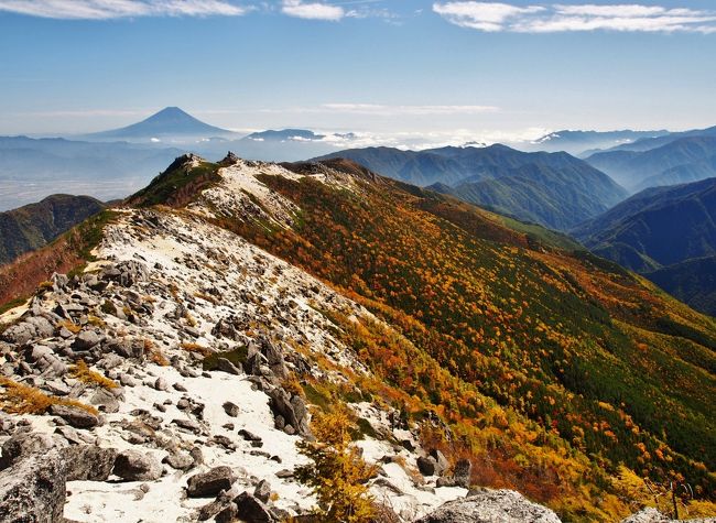 登山雑誌でも紅葉の辺りだと必ず取り上げられる鳳凰三山。<br />去年の暮れから4回、鳳凰山まで登ったがいずれも夜叉神峠から、雪の残っている時期。<br />紅葉の時期にはドンドコ沢ルートから登りたいとずっと思っていた。<br /><br />私がフォローしているmayたんさんが夏に登山。<br />ドンドコ沢ルートも楽しそうだ。<br /><br />「南アルプスデビュー鳳凰三山／ドンドコ沢はキツかった！」<br />　　　http://4travel.jp/travelogue/11045617<br /><br />20日間も山から遠ざかっていたためしんどかったものの紅葉ドンピシャリ。<br />稜線の眺めも最高で写真撮りまくりの山行だった。