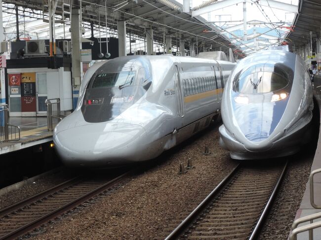 この旅行も、岡山・倉敷への出張便乗旅です。<br /> 岡山での最初の出会いは、山陽道だけでしか走っていないため、関東人には珍しくなってしまった700系と500系のツーショットです。<br /> 両系統とも東海道新幹線で活躍していた車両達ですが、8両編成に短縮され、左の700系はレールスターという愛称でひかり運行、右の500系はこだま運行で余生を過ごしています。<br /><br /> 岡山県に下車するのは初めてです。また、高梁市にある備中松山城は、12の現存天守閣の中で唯一登城していない場所です。そのため、今回の主要な目的地は、超メジャーな後楽園・倉敷美観地区と、備中松山城の3ヶ所にしました。食の方では、ドミカツ丼、エビメシという岡山・倉敷界隈限定のジャンクBグルに挑戦です。