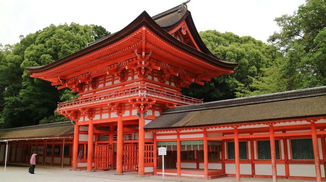 6月5日<br />東京駅早朝6時台発新幹線に乗車し9時過ぎに京都に到着。<br />八条口にある宿泊ホテルコンシェルジュに荷物を預け、京都散策に出発。<br /><br />先ず下鴨神社へ。<br />糺の森・参道入口に河合神社という女性のための神社があります。<br />女性の守護神と言われる玉依姫命が祭られているとか。<br />ここの絵馬が可愛いんです。<br />手鏡型の絵馬に自分のお化粧道具で顔を描いて奉納。<br />美人になれるそうですよ。<br />境内にある休憩所ではここのカリンの実から作られた美人水や<br />ここでしか買えない？洗顔石鹸、老舗宝泉堂の葵の葉をかたどった賀茂葵などが置かれています。<br />興味のある方は是非いらしてみて下さいね。<br />こじんまりと落ち着いた境内です。<br /><br />河合神社をお参りし、糺の森・参道を進みます。<br />緑深い参道は心落ち着き洗われる想いでした。<br />そんな素敵な森の参道を歩んでいくと下鴨神社の鳥居が現れます。<br />そのさきに厳かな佇まいの楼門、本殿へ。<br />世界遺産なのも納得の日本神話の世界を彷彿とさせる素敵な神社です。<br /><br />このあとお友達の紹介で「出町ろ・ろ・ろ」でランチ。<br />一つ一つ手の込んだおばんざいを美味しく頂きました。<br />また訪れたいお店です。<br /><br />午後は前回利用したタクシーの運転手さんお薦めの修学院離宮の見学。<br />ここは事前に宮内庁のホームページから予約しました。<br />現地に到着すると雨がぽつぽつ。<br />係りの方の説明を伺いながら進んでいきます。だんだん雨が本降りに…<br />修学院は3つの離宮から成り立ち、<br />各離宮に移動する道は民間地の間を通っていきます。これにはちょっとびっくり。<br />馬車が何とか通れる道幅両側に護衛の為か低めの松並木。<br />そこを歩いて進んでいきます。各離宮の入り口の門の鍵を開けて中に入り巡りました。<br />かなりの広さがありたっぷり3km、1時間30分～2時間近く歩きます。<br />健脚向きの見学ですね。笑<br /><br />下離宮の寿月観をまず見学、質素ながらも襖絵が見事。<br />上離宮の回遊式庭園は見事な借景です。<br />その風景が急に姿を現すよう高さのある生垣の上り坂、階段を上がっていきます。<br />突然眼前にその見事な景色が広がり、隣雲亭到着。<br />隣雲亭から大きな池を配した庭園と京都市内を比叡山を背景に一望できます。<br />庭園内には小川が流れ、小さいながらも滝も配されていました。<br />こんな高さのところにこの大きな池や庭園を造るのは大変な人力が必要だったことでしょう。<br />上皇・ 天皇・皇族の優雅な舟遊びが行われていたようです。<br />その時代の造園の技術の高さを感じます。<br /><br />雨降りの中でしたがその価値はありました。<br /><br />折角近くまで来たので修学院の後、曼殊院を訪れました。<br />こちらは渡り廊下の沿いに手の込んだ小さな箱庭があり、その可愛いこと?<br />石で形作られたカメがいたり、小さな灯篭があったり。<br />その先には手入れの行き届いた見事な枯山水のお庭。<br />縁側の緋色の敷物と白砂利の色の対比がきれいです。<br />趣のある書院から　皐が咲き、よく手入れされた松を眺めながらの時間は心沁みる時間でした。<br /><br />その後近隣で雨で冷えた体を暖めるためお茶をし、四条烏丸にバスで戻りました。<br />夕食は、翌日川床を予約していたこともあり、ガイド本に載っていたバル「trattoria bar IL GHIOTTONE」に。<br />実はこのお店京都で予約の取れないことで有名なイタリアンの姉妹店。<br />図らずもかなり美味しく、カウンターから調理も眺められ楽しい時間となりました。<br />