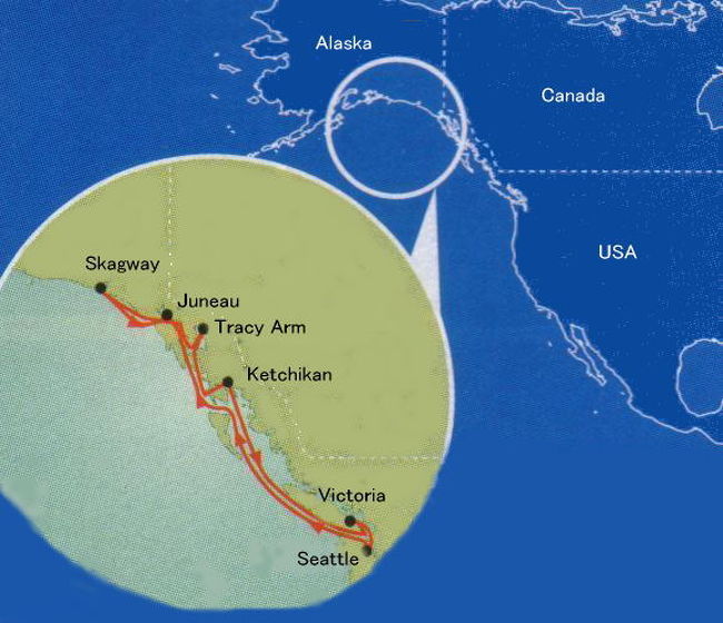 &lt;&lt;&lt;クルーズ旅のオススメポイント&gt;&gt;&gt;<br />１．動くホテル<br />・旅中、重たい荷物を運ばずに移動できること。<br />・移動するたびに、荷物の整理をしなくてすむこと。<br />２．リゾート設備<br />映画館、プール、ジャグジー、フィットネスなどの施設が完備。しかも使い放題。船上だけでも十分楽しめるので、全く上陸しない乗客もいるみたいです。<br />３．英会話教室<br />乗組員やデスクのスタッフと会話する時は、もちろん英語を使います。更に、エレベーターやテンダー（渡し船）に乗り合わせた、知らない人たちもフレンドリーに英語で話しかけてくるので、毎日英語の環境に置かれて、いつの間にか英語モード。<br />４．グルメ三昧<br />・プリンセスの場合は、24時間オープンのカフェテリアには、様々な料理が選り取り見取り！<br />・ダイニングルームやサブレストラン（イタリアン）などで、前菜からメーンディッシュ、デザートまで、いくらオーダーしてもOK！<br /><br />&lt;&lt;&lt;クルーズ船の紹介&gt;&gt;&gt;<br />船名：GOLDEN PRINCESS（ゴールデン・プリンセス）	<br />乗客定員数：2,600人<br />乗務員数：1,100人<br />客室数：1,300室<br />総トン数：109,000トン<br />全長：290ｍ<br />全幅：36ｍ<br />巡航速度：24ノット(44ｋｍ/ｈ)<br />船籍：イギリス・バミューダ<br />建造年：2001年<br /><br />&lt;&lt;&lt;航海コースの紹介&gt;&gt;&gt;<br />今回参加したアラスカ・インサイドパッセージ（Alaska Inside Passage）クルーズは７泊８日間の旅で、出発地のシアトルを除き、寄港したのは４つの港です。<br /><br />シアトル (SEATTLE)<br />　　　↓874海里<br />ジュノー (JUNEAU)<br />　　　↓94海里<br />スキャグウェイ (SKAGWAY)<br />　　　↓121海里<br />トレイシー・アーム (TRACY ARM)<br />　　　↓241海里<br />ケチカン (KETCHIKAN)<br />　　　↓586海里<br />ビクトリア (VICTORIA)<br />　　　↓77海里<br />シアトル (SEATTLE)<br /><br />総距離 1,993海里　 ★１海里＝1,852ｍ★<br /><br />＜＜＜クルーズの日程＞＞＞<br />１日目　シアトル(SEATTLE)　アメリカ　16:00発　日出05:28/日没20:43　曇り　日本との時差-16時間<br />２日目　クルージング(AT SEA)	日出04:20/日没21:18　時々雨　日本との時差-16時間<br />３日目　ジュノー(JUNEAU)　アメリカ　12:00着/22:00発	日出04:20/日没21:28　時々曇り　10℃　日本との時差-17時間<br />４日目　スキャグウェイ(SKAGWAY)　アメリカ　06:00着/20:30発　日出04:13/日没21:42　時々曇り　10℃　日本との時差-17時間<br />５日目　トレイシー・アーム(TRACY ARM)　アメリカ　08:00着/13:00発　日出04:15/日没21:24　時々曇り　日本との時差-17時間<br />６日目　ケチカン(KETCHIKAN)　アメリカ　06:00着/12:00発　日出04:23/日没21:03　時々曇り　10℃　日本との時差-17時間<br />７日目　ビクトリア(VICTORIA)　カナダ　19:00着/23:59発　日出05:23/日没20:58　曇り　15℃　日本との時差-16時間<br />８日目　シアトル(SEATTLE)　アメリカ　07:00着　時々曇り　日本との時差-16時間<br /><br />＊＊＊＊＊＊＊＊＊＊＊＊＊＊＊＊＊＊<br />&lt;旅の５日目＝クルーズの１日目＞<br />午前９時頃、バンクーバーのYWCAホテルを出て、長距離バスに乗ってシアトルへ出発。アメリカの入国審査を受けてから、同じバス会社の別のバスに乗り換えて、クルーズ・ターミナルに向かいました。途中雨が降っていましたが、シアトルは曇りでした。<br />外国人専用のチェックイン・カウンターで手続きをして、いよいよ出航！<br /><br />&lt;旅の６日目＝クルーズの２日目＞<br />初日の夜、目が覚めるほど揺れが大きかったです。私たちは地震に慣れている とはいえ、昨夜の船の揺れにはびっくりしました！！！<br />今日は寄港する予定がないということで、ゆっくりと船内探検をしました。プリンセスクルーズに乗ったことのある私が以前に乗ったドーン・プリンセスと比較しながら、両親＆同行の友達に環境案内をしました。<br />２回目なので、ついつい１回目のものと比べてしまう私^^:<br /><br />- To be continued -