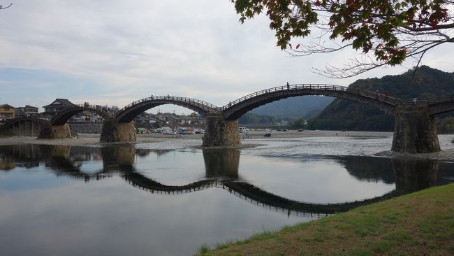 錦帯橋のアーチが水に映って，きれいなめがね橋になっていました。