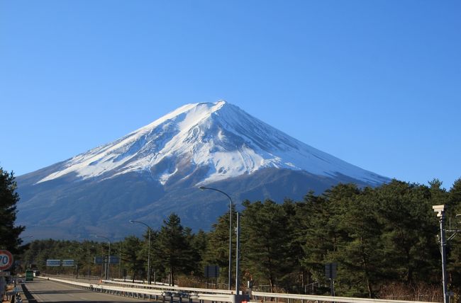 恒例となった11月最後の土日1泊2日の旅行。今回もEさん夫妻、Tさんと娘2人の７人で伊豆の旅。<br />昨年の箱根は雨が降ったりとお天気が悪かったけど、今年は快晴！念願の富士山もきれいに見えて感激♪<br />いつもグダグダ旅だけど、みんなでするたわいない話にホッとする。<br />今回はTさんが我が家の車に乗ってくれたので、道中もおしゃべり三昧。<br />うるさい？って旦那に聞いたら、いつものことだから、別に…<br /><br />ところどころプチアクシデント（？）はあったけど、楽しい２日間となった。<br /><br />写真は「富士吉田」の料金所の出口の路肩に停めてとった富士山。<br />あまりのきれいさに次々と車を止めて写真を撮る人が。<br />車が少なかったのでラッキーだったけど、ホントはだめだよね…