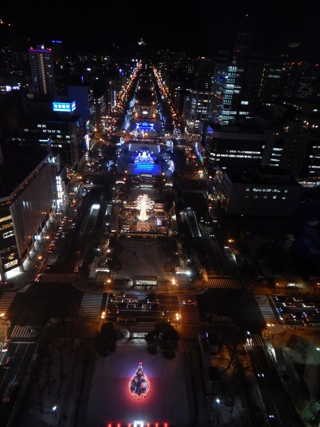 急に思い立って札幌へ<br />本格的な積雪の前に札幌散歩を楽しんできました。<br /><br />日程<br />12月22日（火）：羽田ー千歳空港ー札幌駅ー札幌グランドホテル（2泊）<br />　　　　　　　　旧北海道庁舎、テレビ塔からの夜景など<br />12月23日（水）：ー豊平峡温泉日帰り入浴ー藻岩山ービルの上の観覧車<br />12月24日（木）：時計台ー札幌駅ー千歳空港ー羽田<br /><br />札幌の地下歩道、冬は本当にありがたいですね。<br />駅とホテルと大通公園の間を安全に歩けてとても便利でした。<br />豊平峡温泉はワイルドな露天風呂と本格的なインドカレーが<br />印象に残りました。<br />