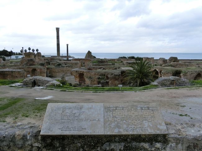 「カルタゴ遺跡」は「チュニス郊外」にある「テュロスの女王ディードー」が「紀元前８１４年（チュニジア政府説）」に建設したとされる「ローマ軍」との「ポエニ戦争」が有名な「古代都市国家の遺構」です。<br /><br />「アントニヌスの大浴場」は「カルタゴ遺跡」にある「第１５代ローマ皇帝」の「アントニヌス帝（２世紀）」が造った「大浴場跡」です。<br /><br />「カルタゴ遺跡（ビュルサの丘）」は「１９７９年」に「カルタゴ遺跡」として「世界遺産」に登録されています。<br /><br />写真は「地中海」を望む「カルタゴ遺跡（アントニヌスの大浴場）」です。