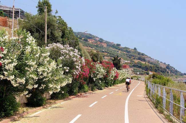 　イタリア旅行２日目です、今日は、「花のリビエラ」と言われる、西リビエラ海岸を西から東へと走ります、西リビエラとは、ジェノバから西で、フランス国境まで・・・最近は、チンクエテッレなどが有名で、東リビエラのほうが人気のようですけれど、もともとの海辺のリゾートとしての「リビエラ」は、多分、こちら(西)が先輩(それでも、19世紀以降ですけれど)、東より西の方が、砂浜のビーチも多いし、町も大きいです(サンレーモ＆サヴォナ＆アルペンガ etc)。<br /><br />　今回の表紙の写真は、「サンレーモ」の手前から「サン・ロレンツォ」まで約20km続く、花いっぱいの、快適な「サイクリング・ロード」・・・これだけ長くて、これだけ快適に走れる「サイクリング・ロード」は、自転車王国と言われる「フランス」でも「オランダ」でも記憶にありません・・・イタリアと言うのは、黙っていても観光客の、なだれ込んでくる国なので、観光客への「サービス精神」は、あまり無い国民性だと思ってましたけど、有名リゾートとは言え、これは凄い、「イタリア」一寸見直しました。