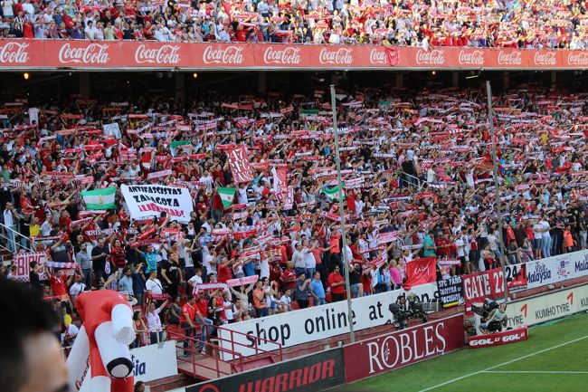 前回は日程が合わずサッカースタジアム見学のみでしたが、今回はサッカー観戦も目的の一つに入れた。<br /><br />ちょうど日程の日にセビージャではレアルの試合、コルドバではバルサの試合が行われることになっていた。<br />知人のサッカー通に聞いたところによるとコルドバのスタジアムはキャパが少ないらしくすぐ売り切れになるとのことで<br />セビージャのレアルの試合を見る予定にした。<br />当初2日のキックオフとなっていたのでわざわざアルコスを通り越してセビージャの宿を予約したのだがグラナダに滞在中に<br />3日に変更になったと発表されたため宿に宿泊の変更を申し入れたがNG。<br />ところが、グラナダでフラメンコを見に行った際に一緒になった日本人女子がこの日の宿を決めていないとのことで<br />宿を譲ることで交渉成立。<br />本場の試合はオーディエンスの盛り上がり方もすごいし客席からスタンドがとても近い！<br />この日の試合はセビージャーが頑張ったもののクリスティアーノロナウドのハットトリックで幕を閉じた。<br /><br /><br />4月27日　成田（JL413）→ヘルシンキ→マドリード（バラハス）　マドリード泊<br />4月28日　マドリード・チャマルティン（AVE）→セゴビア（レンタカー）→アビラ→セゴビア　<br />4月29日　セゴビア（AVE)→マドリード（チャマルティン）→メンデスアルバロ（バスターミナル）→グラナダ<br />4月30日　グラナダ（バス）→マラガ（レンタカー）→ロンダ　<br />5月1日　 ロンダ→フスカル→カサレス→ジブラルタル→ベヘール・デ・ラ・フロンテーラ　<br />5月2日 ベヘール・デ・ラ・フロンテーラ→　コニル・デ・ラ・フロンテーラ→セビーリャ<br />5月3日　 セビージャ→サンルカル・デ・パルメダ→アルコス・デ・ラ・フロンテーラ<br />5月4日　 アルコス・デ・ラ・フロンテーラ→ウブリケ→オルベラ→イスナハル<br />5月5日　 イスナハル→コルドバ→イスナハル<br />5月6日　 イスナハル→プリエゴ→モンテフリオ→フリヒアーナ→マラガ<br />5月7日　 マラガ（JL6856）→ヘルシンキ（JL414)→成田<br />5月8日　 成田着<br />