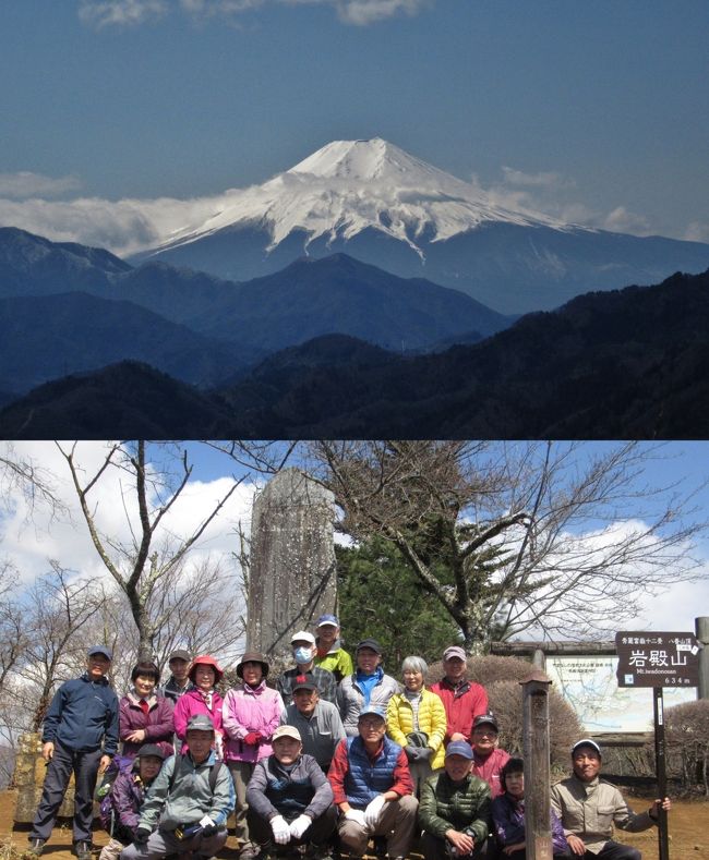 岩殿山と富士山　　2016.3.25（金）<br /><br />所沢市高齢者大学第36期　http://4travel.jp/travelogue/10670647<br />ハイキング倶楽部　第27回行事「岩殿山（山梨県大月市）」<br /><br />2016年3月25日（金）<br />この日は3月17日以来8日ぶりに朝から晴れて絶好のハイキング日和でした。<br />大月市の25日の気温　11℃/0℃　<br />出典：http://www.accuweather.com/en/jp/otsuki-shi/221702/march-weather/221702<br />昨年6月26日の計画が天候不良で中止となり、この日の催行となった。<br /><br />＜計画書の一部＞<br />富士山と断崖絶壁は見事　（そこに隠された由来を知るハイキング）<br /><br />≪主な経路≫<br />所沢駅7：48 → 東村山経由国分寺8：20→高尾8：46 →大月9：22 <br />交通費　 : 所沢駅起点、大月駅往復　2356円（パスモ使用） 　　　　                　　  <br />≪ハイクコース≫<br />大月駅360ｍ　10：00 〜　登山口400ｍ　10：40 〜 岩殿山頂634ｍ 11：40 (昼食含む) 12：20　〜築坂峠460ｍ1 2：45 〜天神山590ｍ 13：45 〜 稚児落し590ｍ 14：15（休憩）14：30 〜 大月駅15：50  <br /><br /> 稚児落しとは、なんとも忌まわしい地名です。岩殿山は武田勢と織田勢の古戦場です。<br />岩殿城が織田軍勢に包囲されると小山田信茂（武田家家臣、信玄とは従兄弟）の側室千鳥姫は信茂の次男 賢一郎とまだ赤ん坊の我が子万生丸と共に小幡太郎をはじめとする護衛の兵に守られて城を脱出。<br />無事「よばわり谷」と呼ばれる所まで落ち延びた事を喜ぶとその自分達の喜びの声が反響してあたかも敵兵の追っ手が来たように聞こえてしまいます。<br />その声に慌てる一行とその様子に驚き泣き出す万生丸・・・「このままでは万生丸の泣き声で自分達の居場所が敵に知られてしまう」そう思った小幡太郎は賢一郎を守る為に千鳥姫の胸に抱かれる万生丸を奪うと谷に投げ落としてしまいました。<br /><br />ハイキング参加者19名（敬称略） 内女性5名　　数字は高大の班名<br />Aグループ　秋山2、荒幡1、石井君子10、高橋16、芳賀16、丸岡2、　<br />Bグループ 池田9、金原13、岸15、北原16、古賀8、玉田3、砺波8、山崎16、山田洋4<br />Cグループ　石井勝司7、加藤8、川村8、三村8<br />（お休み：岸田、羽月、山田耕、小田切、小布施）<br /><br />所沢市内の居酒屋での反省会は参加15名　￥3000・2500<br /><br />撮影　<br />CANON PowerShot SX610HS　<br />私はクラブの写真・記録係として撮るので集合写真以外はメンバーの行動を勝手に記録しています。<br /><br />■次回ハイキング倶楽部第28回 計画書 (仙元山・嵐山渓谷)4月29日（金）≪乗車経路≫　　休日ダイヤです　　<br />所沢駅０８：３９ → 本川越駅０８：５９→（徒歩）東武東上線川越市駅０９：１６ →小川町駅０９：５３<br />　  　　　　                　　 <br />  参考コースタイム<br />小川町駅（２５分）登山口（２５分）仙元山（１０分）下里分岐（２５分）大日山（３０分）物見山（３５分）<br />小倉（おぐら ）城址入口 （１０分）嵐山渓谷入口（２５分）仮橋（４０分） 武蔵嵐山駅<br /><br /><br /><br />