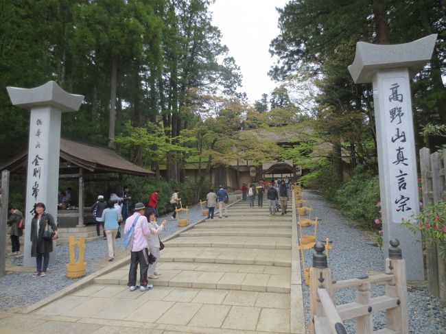 真言密教の聖地「高野山」<br />高校1年生の春、研修旅行で行ったきり、ゆくことのなかった高野山へ、いってきました。<br />当時は4月はじめでしたが、朝夕は冷え込みました。<br />こんな高いところに、これだけの立派な建造物、それも素晴らしい技で建築されているのに驚きました。<br />宿坊に泊まり、高野豆腐づくしの精進料理いただきました。<br />山深く、修行を続けてみえる僧侶、自分では考えられないような宇宙をもってみえるのかと想像しました。<br />ほとんど記憶が遠い「高野山」<br />今回は、高野山について、、あらかじめガイドブックで学習しました。<br />平安時代の高僧・弘法大師(空海)が真言密教の根本道場として<br />標高985mの山上に開創<br />金剛峯寺を中心に、117もの寺院が林立する宿坊寺院ならではの精進料理や気軽に楽しめる修行体験も評判とのことです。<br />修験道の聖地である高野山には「日本のこころ」そのままここで生きていると感動しました。<br />平成27年は、高野山開創1200年ということで、かなり混雑していました。