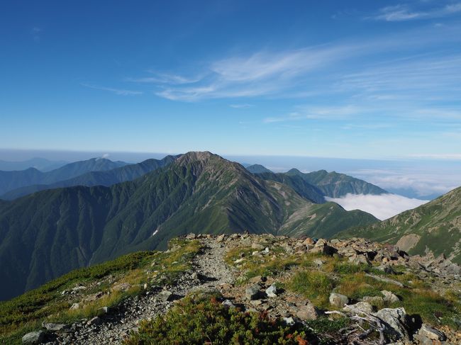 南アルプス核心部の荒川三山（悪沢岳・中岳・前岳）と赤石岳を初めて登って来ました。（長野、静岡、山梨の３県のほぼ中央に位置します）<br /><br />椹島へはとてもアプローチに時間がかかるのですが、やっと東海地方が関東より早く梅雨開けと報道されたのでもうそろそろかと狙っていました。<br />丁度お花畑を見るのにはこの週当りが一番かと天気予報をチェック！<br />予報通り天候に恵まれた3日間でした。<br /><br />どの山小屋も今年一番の盛況のようでした。<br /><br />〈アクセス〉<br />東京から新東名：新静岡IC→R27→R189→横沢方面へ<br />カーナビセット<br />　　　横沢共同製茶組合　054-292-2039<br />　　　白樺荘　054-260-2021　　<br />　<br />前日畑薙第一ダム夏季臨時駐車場で車中泊<br />トイレ有り（ペーパー有り）、水場は東海フォレストのバス車道に有り<br /><br />〈表紙〉<br />高度感あふれる悪沢岳山頂から見た赤石岳3,120Ｍ<br />