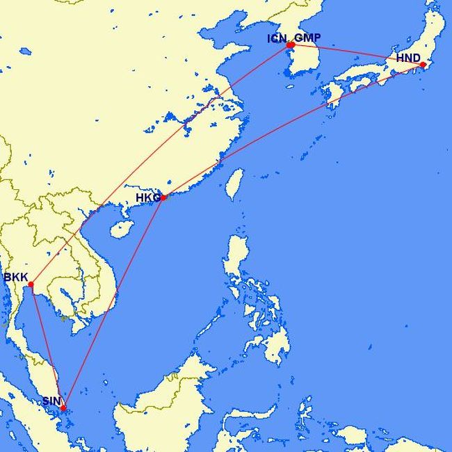 ANAのマイル消化のため、アジア周遊とA380のビジネスクラス乗り比べをしてきました。<br />今回の旅行記は観光記事はありませんのであしからず。<br />飛行機と機内食、ホテル、食事に特化します。<br />今回、特典で取れた日程と旅程は<br />8/14 HND-HKG NH859 B772<br />8/15 HKG-SIN SQ863 A388<br />8/16 SIN-BKK SQ976 A333<br />8/19 BKK-ICN OZ742 A388<br />8/19 GMP-HND OZ1065 A321<br />となりました。<br />
