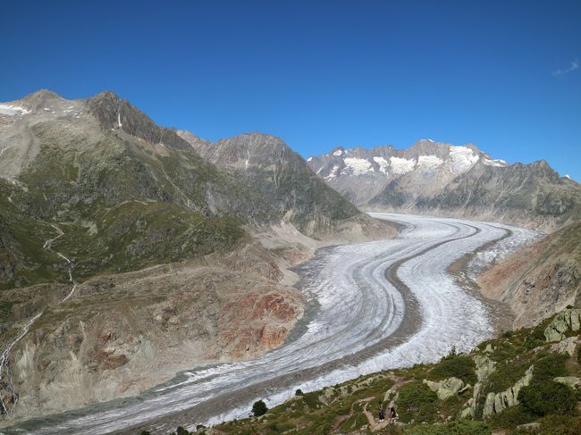 サンモリッツから氷河急行のルートでアレッチ氷河まで行き、約２時間のハイキングをし、その後、カンデルシュテイークで宿泊しました。時間の関係で氷河急行には乗らず、もっと早い時間に同じルートを走る電車に乗ったのですが、ガラガラだし、窓も開くので、車窓の景色を思いっきり楽しみつつ写真を撮影できました。氷河急行より良かったかも。アレッチ氷河のハイキングも素敵でした。