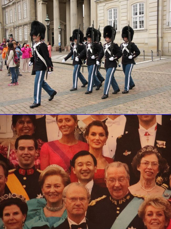 アメリエンボー宮殿の衛兵と王族・皇太子徳仁親王　　2016.5.26<br />The Royal Life Guards of Amalienborg Palace /The Royal Family<br /><br />2016年8月11日に公開した「北欧・中欧の旅2016ハイライト」<br />http://4travel.jp/travelogue/11153875<br />に続く1日ごとの旅行記第5回です。<br />公開予定は定期的にではなく、およそ毎月2回程度になる見通しです。<br />写真と説明文はハイライトと重複する内容が少なからずあります。<br /><br />　◇　　　◆　　　◇　　　◆　　　◇　　　◆　　　◇　　　◆　<br /><br />前回2014年秋はスコットランドとフランスの友人宅を訪ねる14日間の一人旅でしたが、今回は友人と二人でストックホルムからウィーンまでの12日間の列車の旅です。<br />フライトは往路が羽田発ミュンヘン経由ストックホルムまでのルフトハンザ航空、復路はウィーン発成田までのオーストリア航空直行便、航空券の手配はJTBオンラインでした。<br /><br />日程はストックホルム（3泊）、コペンハーゲン（2泊）、ハンブルグ（乗換）、ベルリン（2泊）、プラハ（乗換）、ウィーン（3泊）です。<br />私にとってプラハとウィーン以外の都市は初めてで、訪問先の観光スケジュールは友人と手分けしてかなり詳細な計画を作って行きました。<br />この計画作りは大変ですが、添乗員ツアーと比べても充実した旅になることは何度も経験済みです。<br /><br />2日目　5月26日（木）くもり　最高気温15℃/最低気温9℃<br />時差が完全には取れていないので5時に起きてしまい、髭剃りなどの身支度を整え、6時前にミストがかった天気の中を早朝の街歩きに出かけた。<br />まだ街のあかりや車のヘッドライトなどの光が残っており、晴れた朝とは全く異なる落ち着いた雰囲気がよかった。うすら寒さも感じた。<br /><br />先ずは本日利用するバスの停留所を確認するのが主な目的で、市バス1Aは駅の東側の通りなので、駅の構内からホームを経由して階段を上がったところにあるのが確認できた。<br />バス路線は上りと下りがあり、バス停も異なるため、停車したバスの運転手に場所を教えてもらった。<br /><br />次はHOP-ON,HOP-OFF（乗り降り自由）バスの停留所で、駅の西側にあるとパンフレットに書かれているので探したが、なかなか見つからず、最後はコンビニのおじさんに教えてもらってようやく確認できた。<br />7時半にホテルへ戻り、朝食を済ませて一休みし、9時に出かけることにした。<br /><br />9：30　アメリエンボー宮殿<br />クマの毛皮の帽子をかぶった衛兵が立っていなければ、宮殿とは思えないほど質素なたたずまい。18世紀末に当時の宮殿クリスチャンスボー城が炎上したため4人の貴族のマンションを宮殿としたもので、もともと王家の住居ではなかった。<br />宮殿は大きく4つの建物に分かれている。そのうちのひとつであるクリスチャン8世王宮殿は宝物展示室Det Danske Kongers Kronologiske Samling（アメリエンボー博物館Amalienborgmuseet）として一般公開されている。<br /><br />ここまでが第5回です。<br /><br />11：30　人魚の像<br />アンデルセンの有名な、しかし悲しい物語を思い起こさせる人魚の像。1913年、彫刻家エドワード・エッセンによって作られた。当時王立劇場では、バレエ『人魚姫』が上演されていた。それを観たカールスベア（カールスバーグ）・ビール会社2代目社長カール・ヤコブセンが、この像を制作するアイデアを思いついたのだ。<br /><br />12：30　ニューハウン（運河沿いのカラフルな建物）　ランチ<br />コペンハーゲンを象徴する景観として名高い、運河に沿ってカラフルな木造家屋が並ぶエリアがニューハウンだ。かつては、長い航海を終えた船乗りたちが羽根を伸ばす居酒屋街としてにぎわいを見せていた。現在では、運河に沿った北側の通りにレストランが並び、夏期には外にテラス席が出てにぎやか。<br /><br />14：00　ローゼンボー離宮<br />ローゼンボー離宮は、クリスチャン4世王により建てられたオランダ・ルネッサンス様式の建物。1605年から工事を開始し、1634年に完成した。1615年、38歳の男ざかりであったクリスチャン4世王は、絶世の美女キアステン・ムンクと熱烈な恋におち、彼女は王のもとにやってくることになった。ふたりの愛の新居として定められたのが、ここローゼンボー離宮だ。また1648年、王が死の淵へと赴いたのも、この宮殿だった。<br /><br />16：30　ストロイエ（買い物・カフェで休憩など）<br />市庁舎前広場とコンゲンス・ニュートーゥを結ぶ通りがストロイエ。フレデリクスバーウギャーゼFrederiksberggade、ニューギャーゼNygade、ヴィメルスカフテVimmelskaftet、エスターギャーゼ?・stergadeの4つの通りとガメルトーゥGammeltorv、ニュートーゥNytorv、アマートーゥAmagertorvの3つの広場で構成されている。ストロイエとはデンマーク語で歩くこと。市民や観光客の目を楽しませてくれるこの通りは、その名にふさわしい歩行者天国。道の両側にはさまざまなショップやレストラン、カフェが並び、ヨーロッパでも屈指のショッピングストリートだ。<br /><br />◆コペンハーゲン観光スポットの解説文<br />出典：地球の歩き方　http://www.arukikata.co.jp/city/CPH/spot.html<br /><br />撮影<br />Canon EOS40D EF-S18/135<br />PowerShot SX610 HS