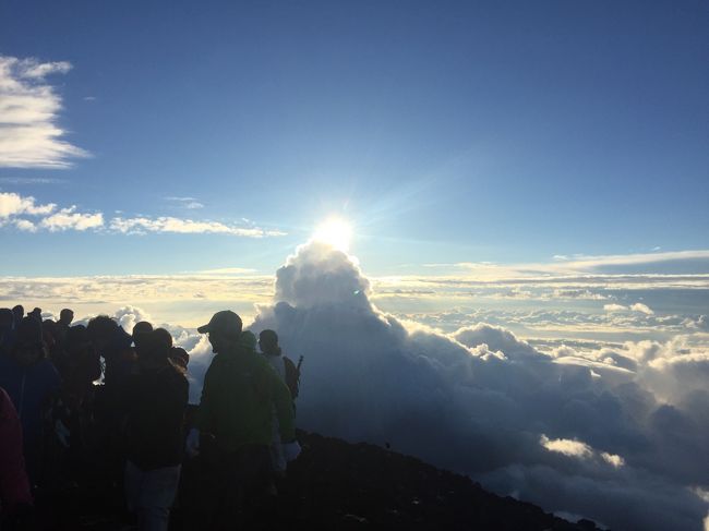 富士山初登山の御来光。幸せものです…。達成感でいっぱいになりました。高山病の頭痛と戦いつつ、かなりゆっくりペースで５合目から昼１２時半くらいに出発。６合目までは超スローペースで４０分くらい。７合目までは何分かかったでしょう…行程長いし、ひょうが降ってくるしで、正直心折れそうになりながらも、高山病頭痛が吹っ飛ぶくらいの景色を８合目で見られました。８合目まで４時間半。そんなこんなで９合目には１８時過ぎに到着。９合目の万年雪山荘に一泊。夜中の３時半に起きて、４時半から頂上めざして歩きだしました。平日にもかかわらず、頂上までの登山渋滞。でも、無事頂上に到着して、５時２０分ころ、頂上から無事御来光を拝ませて頂けました。ありがとう、富士山。高山病のつらさを忘れた頃にまた登りたいです。