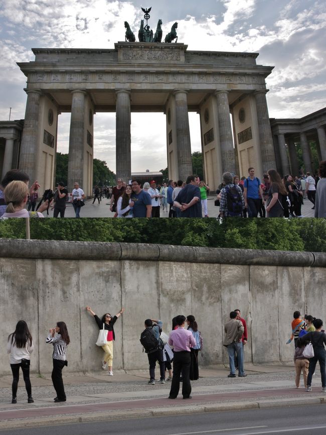 ブランデンブルグ門・ベルリンの壁　2016.5.27<br />Brandenburg Tor/Berliner Mauer　<br /><br />2016年8月11日に公開した「北欧・中欧の旅2016ハイライト」<br />http://4travel.jp/travelogue/11153875<br />に続く1日ごとの旅行記第8回です。<br />公開予定は定期的にではなく、およそ毎月3回程度になる見通しです。<br />写真と説明文はハイライトと重複する内容が少なからずあります。<br /><br />　◇　　　◆　　　◇　　　◆　　　◇　　　◆　　　◇　　　◆　<br /><br />前回2014年秋は初めてのスコットランドと、3箇所のフランスの友人宅を訪ねる14日間の一人旅でしたが、今回は友人と二人でストックホルムからウィーンまでの12日間の列車の旅です。<br />フライトは往路が羽田発ミュンヘン経由ストックホルムまでのルフトハンザ航空、復路は<br />ウィーン発成田までのオーストリア航空直行便、航空券の手配はJTBオンラインでした。<br /><br />オーストリア航空直行便は2016.9.4で27年間の運行を終了した。<br />今後は上海・香港などの経由便しかない。<br /><br />日程はストックホルム（3泊）、コペンハーゲン（2泊）、ハンブルグ（乗換）、ベルリン（2泊）、プラハ（乗換）、ウィーン（3泊）です。<br />私にとってプラハとウィーン以外の都市は初めてで、訪問先の観光スケジュールは友人と手分けしてかなり詳細な計画を作って行きました。<br />この計画作りは大変ですが、添乗員ツアーと比べても充実した旅になることは何度も経験済みです。<br /><br />■ベルリン観光（1日目）<br />27日15時半ごろベルリンへ到着<br />ベルリン中央駅は5層構造の巨大な駅で、近郊路線Sバーンは最上階が発着ホームになっている。ドイツ国鉄DBチケット売り場で1日券を2日分購入した。<br />1日券は翌日3：30まで有効で7ユーロ（約870円）<br />Sバーンで中央駅から1駅のフリードリッヒストラッセまで行き、駅前のホテルNHコレクションに到着。<br /><br />長い列車の旅の直後であったが、日が長いので、一休みしてからベルナウアー通りに残るベルリンの壁を見に行った。<br />次に行ったブランデンブルグ門の周辺では、何かのイベントでマラソン大会の準備中で、ゼッケンを付けたたくさんのランナーのグループが集まっていた。<br />ブランデンブルグ門の前の特設ステージで女性ロックシンガーが歌い、雰囲気を盛り上げていた。<br /><br />ブランデンブルグ門から西に延びるベルリン中心部の大通り「6月17日通り」の先には戦勝記念塔ジーゲスゾイルが見える。<br />反対に東側の大通りウンター・デン・リンデンの先にはテレビ塔が見える。<br />ホテルまで歩いて帰る途中で、大通りに面したカフェ・アンシュタインで夕食にした。<br />フンボルト大学の立派な建物とフンボルトの大理石像などを見てからホテルへ戻った。<br />この日の歩数計は15107歩で、ほとんどはベルリンに着いてからである。<br /><br />撮影<br />Canon EOS40D EF-S18/135<br />PowerShot SX610 HS<br /><br />ここまでの旅行記<br />北欧・中欧の旅2016ハイライト　 <br />http://4travel.jp/travelogue/11153875<br />北欧・中欧の旅2016　第1回　東京からストックホルム　<br />http://4travel.jp/travelogue/11159614<br />北欧・中欧の旅2016　第2回　ストックホルム <br />http://4travel.jp/travelogue/11161296<br />北欧・中欧の旅2016　第3回　ストックホルム 2日目 <br />http://4travel.jp/travelogue/11164085<br />北欧・中欧の旅2016　第4回　コペンハーゲン 1日目　チボリ公園、クリスチャンボー城<br />http://4travel.jp/travelogue/11166762<br />北欧・中欧の旅2016　第5回　コペンハーゲン　2日目午前 アメリエンボー宮殿<br />http://4travel.jp/travelogue/11169604<br />北欧・中欧の旅2016　第6回　コペンハーゲン　2日目午後　人魚の像、ローゼンボー宮殿<br />http://4travel.jp/travelogue/11170585<br />北欧・中欧の旅2016　第7回　コペンハーゲンからハンブルグ乗換えベルリンへ<br />