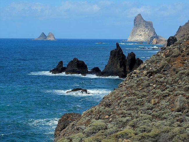 今日の前半は、テネリフェ島西岸の町アルカラから東岸の見どころグイマーのピラミッドに寄り、テネリフェ・ノルテ国際空港までやって来たところで一段落。<br /><br />ここでサン・クリストバル・デ・ラ・ラグーナに予約しておいたラグーナ・ナバリア・ホテル &amp; スパに行ってしまうと大休止になる恐れがあるので、そのままテネリフェ島北部の山並みや海岸線沿いを見に行ってみます。<br /><br />テネリフェ島北部のほぼ全域を覆っているアナガ自然保護地区は雨雲の通り道になっているらしく、これまで見てきたテイデ山周辺の乾いた風土とはまた別の植生と景観が見られるんだそう。<br />その眺めを楽しんでみようと思います。<br /><br /><br />表紙の画像は、テネリフェ島北端近くにあるベニホの村近く。<br />荒々しい海岸線と、ベニホ岩と呼ばれる小島の眺めが印象的でした。<br /><br />