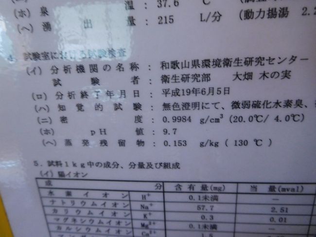 九州へと計画を立て居たら、同行の友人の父親が二日前に横断歩道ではねられる事故にあいすべてキャンセル。<br /><br />一人で、連休中に泊まれるところがないかと探すと、那智勝浦の湯快リゾート越の湯のビジネスルームが二食付きで一万円以下で出てきました。<br /><br />男性限定、バス、トイレなしですが、温泉が楽しみで　男性限定のフロアならいいかと出かけることにしました。<br /><br />有名地を回るのでなく　温泉でも楽しもうと出かけました。<br /><br /><br />表紙の写真は　温泉の旅なので　分析表　この温泉はPH　9.7のアルカリ温泉です。