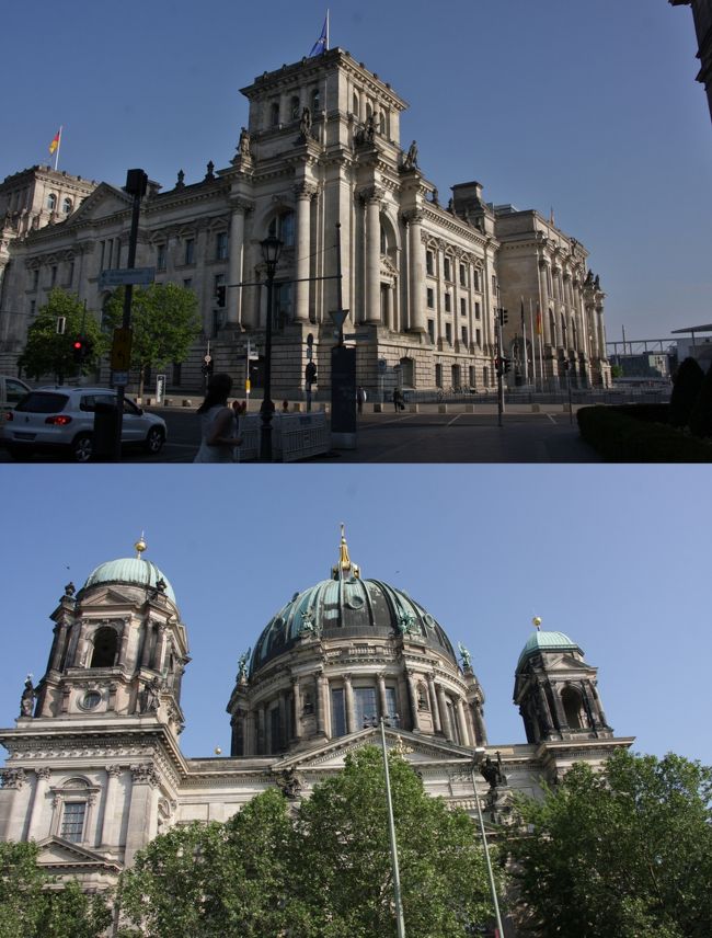 旧帝国議会議事堂・ベルリン大聖堂　2016.5.28<br />Reichstag/Berliner Dom<br /><br />2016年8月11日に公開した「北欧・中欧の旅2016ハイライト」<br />http://4travel.jp/travelogue/11153875<br />に続く1日ごとの旅行記第9回です。<br />公開予定は定期的にではなく、およそ毎月3回程度になる見通しです。<br />写真と説明文はハイライトと重複する内容が少なからずあります。<br /><br />　◇　　　◆　　　◇　　　◆　　　◇　　　◆　　　◇　　　◆　<br /><br />前回2014年秋はスコットランドとフランスの友人宅を訪ねる14日間の一人旅でしたが、今回は友人と二人でストックホルムからウィーンまでの12日間の列車の旅です。<br />フライトは往路が羽田発ミュンヘン経由ストックホルムまでのルフトハンザ航空、復路は<br />ウィーン発成田までのオーストリア航空直行便、航空券の手配はJTBオンラインでした。<br /><br />日程はストックホルム（3泊）、コペンハーゲン（2泊）、ハンブルグ（乗換）、ベルリン（2泊）、プラハ（乗換）、ウィーン（3泊）です。<br />私にとってプラハとウィーン以外の都市は初めてで、訪問先の観光スケジュールは友人と手分けしてかなり詳細な計画を作って行きました。<br />この計画作りは大変ですが、添乗員ツアーと比べても充実した旅になることは何度も経験済みです。<br /><br />5月28日（土）ベルリン観光（2日目）晴れ<br />8：00　ブランデンブルグ門<br />前日の夕方のイベントで賑わっていたのとは対照的にフランス広場からは朝日を浴びて輝いた姿を、まだ観光客がいない静かな雰囲気の中で見ることができた。<br /><br />8：30　連邦議会議事堂<br /><br />9：00　テレビ塔　展望室に上り、ベルリン市内の全景を展望<br /><br />10：30　ベルリン大聖堂　75ｍ高さのドームの外の展望テラスに上り、ベルリンの街並みを一望<br /><br />12：00ペルガモン博物館　古代ギリシャの「ペルガモンの大祭壇」をはじめ、遺跡を丸ごと展示したスケールの大きさに感動。<br /><br />14：00　ニコライ地区のツア・レッテン・インスタンツZur Letzten Instanzで昼食 <br /><br />15:30 ジャンダルメン広場　ベルリンで最も美しい広場<br />ドイツ大聖堂、コンツェルトハウス、フランス大聖堂<br /><br />16：00　チェックポイント・チャーリー　冷戦時代の東西ベルリンを結ぶ唯一の検問所<br /><br />17：00　カイザー・ウィルヘルム記念教会<br />ドイツ帝国の初代皇帝ウィヘルム一世を記念して19世紀公判に建てられた。<br /><br />20：00　ホテル近くのステーキハウスBLOCK HOUSEで夕食。<br /><br />撮影　CANON EOS40D EF-S18/135 ,PowerShotSX610 HS<br /><br />◆公開済み旅行記<br />北欧・中欧の旅2016ハイライト　 <br />http://4travel.jp/travelogue/11153875<br />北欧・中欧の旅2016　第1回　東京からストックホルム　<br />http://4travel.jp/travelogue/11159614<br />北欧・中欧の旅2016　第2回　ストックホルム <br />http://4travel.jp/travelogue/11161296<br />北欧・中欧の旅2016　第3回　ストックホルム 2日目 <br />http://4travel.jp/travelogue/11164085<br />北欧・中欧の旅2016　第4回　コペンハーゲン 1日目　チボリ公園、クリスチャンボー城<br />http://4travel.jp/travelogue/11166762<br />北欧・中欧の旅2016　第5回　コペンハーゲン　2日目午前 アメリエンボー宮殿<br />http://4travel.jp/travelogue/11169604<br />北欧・中欧の旅2016　第6回　コペンハーゲン　2日目午後　人魚の像、ローゼンボー宮殿<br />http://4travel.jp/travelogue/11170585<br />北欧・中欧の旅2016　第7回　コペンハーゲンからハンブルグ乗換えベルリンへ<br />http://4travel.jp/travelogue/11173882<br />北欧・中欧の旅2016　第8回　ベルリン1日目 ブランデンブルグ門・ベルリンの壁<br />http://4travel.jp/travelogue/11176808<br /><br />
