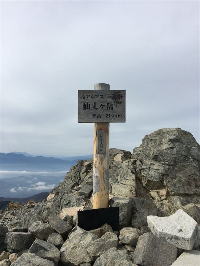 仙丈ヶ岳は、長野県伊那市と山梨県南アルプス市にまたがる南アルプス国立公園内の赤石山脈<br />の北部にある標高3,033mの山です。<br />日本１００名山の一つで、当日は、多くの人が登山を楽しんでいました。<br /><br />19座目は、雨飾山（あまかざりやま、標高1,963.2m）です。<br />http://4travel.jp/travelogue/11178121<br /><br />17,18座目は、鷲羽岳（わしばだけ）,水晶岳（すいしょうだけ）です。<br />http://4travel.jp/travelogue/11171410<br /><br />16座目は、四阿山（あずまやさん、標高2,354m）です。<br />http://4travel.jp/travelogue/11168287<br /><br />15座目は、火打山（標高2,462m）です。<br />http://4travel.jp/travelogue/11165831<br /><br />14座目は、高妻山（標高2,353m）です。<br />http://4travel.jp/travelogue/11161030<br /><br />13座目は、五竜岳（標高2,814m）です。<br />http://4travel.jp/travelogue/11159077<br /><br />12座目は、乗鞍岳（剣ヶ峰　標高3,026m）です。<br />http://4travel.jp/travelogue/11154135<br /><br />11座目は、焼岳（標高2,455m）です。<br />http://4travel.jp/travelogue/11154013<br /><br />10座目は、妙高山（標高2,454m）です。<br />http://4travel.jp/travelogue/11143739<br /><br />9座目は、白馬岳（標高2,932m）です。<br />http://4travel.jp/travelogue/11143779<br /><br />8座目は、荒島岳（福井県、標高1,523m）です。<br />http://4travel.jp/travelogue/11070977<br /><br />7座目は、大峰山（八経ヶ岳）です。<br />http://4travel.jp/travelogue/11055957<br /><br />6座目は、大台ヶ原山です。<br />http://4travel.jp/travelogue/11055439<br /><br />5座目は、伊吹山です。<br />http://4travel.jp/travelogue/11014913<br /><br />4座目は、石鎚山（天狗岳、標高1,982m）です。<br />http://4travel.jp/travelogue/10893518<br /><br />3座目は、剣山（徳島県）です。<br />http://4travel.jp/travelogue/11056311<br /><br />2座目は、大山（鳥取県）です。<br />http://4travel.jp/travelogue/11056306<br /><br />1座目は、富士山です。<br />http://4travel.jp/travelogue/102635