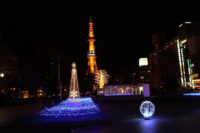 今回の北海道のしめくくりは大通り公園のイルミネーション。今回は区画ごとにさまざまな展示がありました。プロジェクションマッピングや森の木の物語、豪華な宮殿など。テレビ塔のライトアップも素敵です。