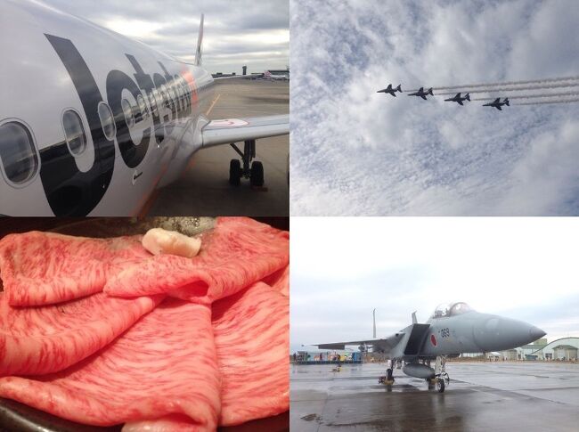 12月4日に宮崎県の新田原基地で行われた航空祭に行ってきました。<br />かつて地元だった下総基地の航空祭は行ったコトありましたが、戦闘機やブルーインパルスの展示飛行も見るのは初めてで、迫力に感動しました。<br /><br />往路<br />12月3日  GK627便  成田14:25→鹿児島16:40<br /><br />復路<br />12月5日  GK626便  鹿児島14:45→成田16:30<br /><br />9月下旬に行われていたジェットスターのセールで、鹿児島まで往復総額11600円で購入しました。