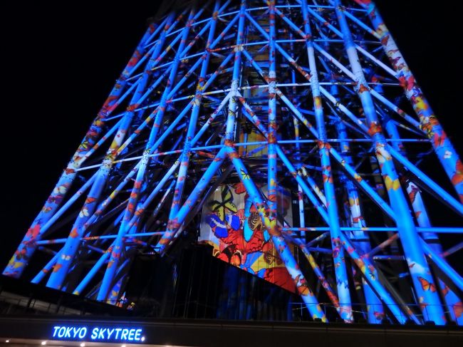 午後からどこかにイルミネーションでも見に行こうかと思っていた朝、<br />ふと目に留まった全国障害者アート公募展「みんな北斎」の新聞記事。<br />会場は東京スカイツリータウンの5F。<br />以前、スカイツリーでこの時期にプロジェクションマッピングを<br />やっていたのを見た記憶があるな~と思い出し、調べてみると、<br />今年は初めてタワーの下部をスクリーンに見立てたプロジェクション<br />マッピングが行われるそう。<br />どちらも面白そうと思い、併せて訪れることにしました。<br />たまたま見かけた期間限定のクレヨンしんちゃんのコラボカフェ<br />「ビストロ オラマチ」にも入ってみました^^<br /><br />アート・プロジェクションマッピング・コラボカフェと脈絡のない記録ですが(^▽^;)<br />よろしければご覧ください~。