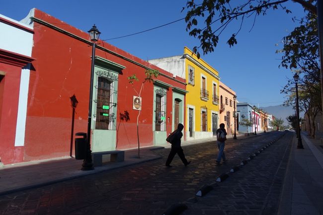 ２０１７年のお正月休み、冬は暑い所に行こうと２度目のメキシコへ。前回はメキシコシティとユカタン半島を巡ったので、中央高原を中心に回りました。<br /><br />その１は、オアハカ州の州都、オアハカ市。標高１５００ｍで周囲を山に囲まれた盆地です。周辺部もいれると今や１００万人の人口を抱えるそうです。<br /><br />オアハカは１５００年前後から建てられ始めたコロニアルシティ。モンテ・アルバン遺跡とあわせて世界遺産に登録されています。旧市街は石畳の道が碁盤目状に続き、ちょっと京都を思わせる古都。治安もよく、街歩きも怖くありません。地図を片手に道路の表示をチェックして歩けば、道に迷うこともなく、朝、昼、夜と表情を変える街を堪能しました。<br /><br />オアハカのもう一つの魅力は、近隣にたくさんの先住民の村があること。お祭りの季節には、村ごとに民芸品を持ち寄って、整然と並んだブースで産直販売するマーケットが出現します。街中で買うよりお買い得だし、その場で作りながら売っていたりして、雰囲気もとてもよい。現金しか使えないのが難点ですが、高品質の民芸品を買うことができます。今回は時間がなくいけませんでしたが、オアハカに滞在して、こうした村々を訪問するのも楽しそうです。<br /><br />オアハカの食べ物と言えばモーレソース。ネグロ（黒）、ロホ（赤）、アマリージョ（黄）、ベルデ（緑）、チチロ、マンチャマンテル、コロラディートの７種類あるそうですが、チョコレートを使ったネグロが特にオアハカらしいものだそう。私はマンチャマンテルソースをいただきました。フルーツやスパイスをたくさん使った、コクのあるソースでした。<br />そのほか、裂けるチーズや、「焦がしミルク」味のアイスクリームなども。<br /><br />オアハカからは２つの遺跡、ミトラとモンテ・アルバンにそれぞれ半日観光で行くことができます。コロニアルシティと先住民（サポテコ、ミステカ）の遺跡の両方を気軽に楽しめるオアハカ。いつかまたゆっくりと滞在したいと思いました。<br /><br /><br />・成田からメキシコシティ、飛行機を乗り継いでオアハカへ。<br />・夜のソカロ広場とカテドラル。夕食はタコスとケサディーヤで軽く。<br />・早朝の街歩き。カラフルな街並みと、旧市街の西のはずれ、ラソレダー教会。カテドラル。<br />・午前中は緑のアルカラ通りとその周辺の街歩き。サポテコ族出身のベニート・フアレス大統領が若い頃に住んだ家や水道橋の跡、石の十字架など。<br />・サント・ドミンゴ教会と、その修道院を改装した文化博物館。<br />・（ミトラ遺跡から戻った後）夕方の民芸市場と、チョコレート屋、肉屋街。<br />・夕食はモーレソース。夜のアルカラ通り。<br />・翌日、（モンテ・アルバン遺跡から戻った後）ラソレダー教会前でアイスクリーム。<br />・織物博物館と昼食、その後メキシコシティに向かいます。<br /><br />表紙写真は、石畳のマヌエル・ガルシア・ビヒル通り。ベニート・フアレス大統領の旧家は、プレートのついた茶色とペールブルーの家の１つ手前です。（本文にあります）