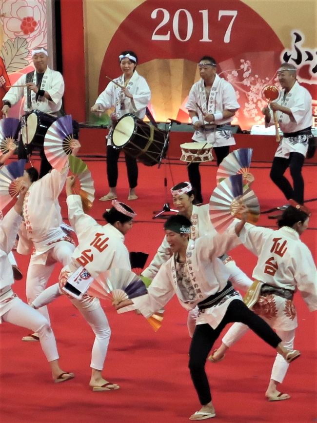 宮城県仙台市の仙台青葉まつりで踊られている「すずめ踊り」は即興的要素が強いのが特徴である。<br />1603年（慶長8年）の仙台城（青葉城）落成の時に踊られたとされる伝承を元に、1985年（昭和60年）から仙台市が主催して始まった「仙台・青葉まつり」において現代的に創作された踊り。仙台市の様々な観光イベントで踊られている。<br /><br />複数の踊りの種類があるが、伝統的なものよりも現代的なものの方が市民に浸透し、「すずめ踊り」と言えば現代的なものの方、特に『新・仙台すずめ踊り』の「ハネすずめ」を各自アレンジしたものを指すようになった<br />現在は、『新・仙台すずめ踊り』の「ハネすずめ」を各々の祭連が踊り・音楽をアレンジしたものが主流となっている。<br />現在、「仙台・青葉まつり」では「新・仙台すずめ踊り」を『仙台すずめ踊り』と呼んでいる。<br /><br />笛・鉦・大太鼓・小太鼓などの二拍子の伴奏に乗って踊る。基本の動きは、中腰でやや前かがみの姿勢で、両手には扇子を持ち体の前で8の字の形を描くように振り、足は二拍子に合わせて交差させるステップである。もともと即興の踊りであったことから、基本の動き以外は自由であり、祭連ごとにそれぞれの個性ある踊りが行われている。衣装は鯉口シャツの上に腹掛け、ハッピ。下半身は股引で、足は足袋または雪駄が一般的である。<br /><br />『すずめ踊り』の名称の語源について、「踊る姿が餌をついばむスズメに似ていることから」とか、「伊達家の家紋の1つ「竹に雀」にスズメが描かれていることから名付けられた」などの説は、新たに作られたものと考えられる。<br /><br />『新・仙台すずめ踊り』は、『正調雀踊り』では1本の扇子で踊られていたものを2本の扇子を両手に持ち自由に跳ねながら踊る「ハネすずめ」と、優雅に舞う「舞すずめ」の2つが考案された。<br />（フリー百科事典『ウィキペディア（Wikipedia）』より引用）<br /><br />仙台すずめ踊り　については・・<br />http://www.suzume-odori.com/<br /><br /><br />「ふるさと祭り東京 ～日本のまつり・故郷の味～」は、毎年1月に東京ドームで開催される、大規模な全国各地の物産展である。<br />2009年1月より開催。毎年、東京ドームに全国各地の名物を販売する物販ブースが多く設けられている。また、ステージでは秋田竿燈まつり、東京高円寺阿波おどりなどといった有名な祭りが披露される。<br />（フリー百科事典『ウィキペディア（Wikipedia）』より引用）<br /><br />ふるさと祭り東京　については・・<br />http://www.tokyo-dome.co.jp/furusato/
