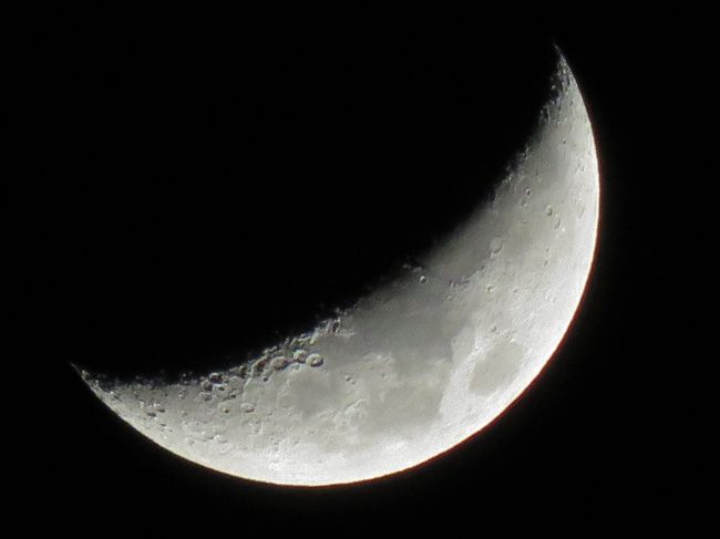夕食後、時々やる野球バットの素振りを外でやっていたら冬空の澄み切って乾燥した空気に三日月がくっきりと見えた。デジカメで撮影したら今までで一番良く撮れたので月旅行ではなく、一人撮影会に参加という分類でアップすることにした。<br /><br />そのままでは月が明るく写りすぎているので、編集機能を使用して照度を下げると月の山や海がはっきりと写っていた。なお、Canon PowerShot SX710 HS使用で、最大のズームアップをした。レンズだけでは３０倍ズームだが、デジタル・ズームも使用しているので１２０倍までになる。このデジカメはこの強力なズーム機能が気に入って購入したのだ。なお、７２０の後継機はトータルのズーム倍率が落ちている。<br /><br />今日は家内が実家の母の看病ででかけており、私は留守番をしている。布団を昼間ベランダに干したり、食事を温めて食べたりした。夕方近くはオーディオ装置で音楽を聞き、幕末維新関係の本も読んだ。実際は旅とは真反対の一日だった。　　　