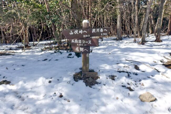 飯能から秩父にかけては、多くの山々が連なっています。<br />その中から今回は、飯能駅からバスで約１時間の名郷に行き、そこから《 前武川岳　⇒　武川岳　⇒　蔦岩山　⇒　焼山　⇒　二子山（雄岳・雌岳）》と歩き、芦ヶ久保駅に向かう冬の山行です。<br />標準タイムは５時間40分となっていますが、途中は雪道や凍結した道路が続き、かつ６つの山をつなぐ登山道は傾斜がきつい所が多く、８時間以上かかって夕方やっと芦ヶ久保駅に辿り着きました。<br />疲労困憊の山行でしたが、変化に富んだコースで天気も良く、眺望を楽しみながらの冬の一日でした。<br />写真は積雪の前武川岳。