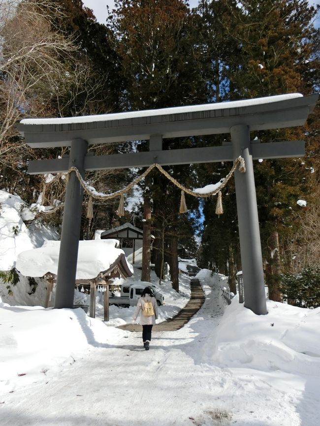 戸隠スキー場でスキーを満喫した私たちは、雪の戸隠神社へ。<br />まずは中社から。