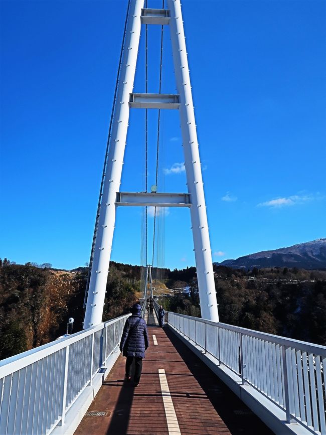 九重“夢”大吊橋（ここのえ“ゆめ”おおつりはし）は、大分県玖珠郡九重町にある歩行者専用の吊り橋。日本一高い歩行者専用橋である。<br />2006年10月30日に開通。高さ173m（水面より）、長さ390mで、当時は歩行者専用橋としては日本一の長さ及び高さであった。長さについては2015年12月14日に開通した箱根西麓・三島大吊橋（400m）に日本一を譲ったが、高さでは依然として日本一である。なお、幅員は1.5mで、大人1,800人の荷重に耐えるように設計されている。中央部の床版はすのこ状のグレーチングになっていて、下を見ることができる。<br />橋からは、日本の滝百選の震動の滝や、紅葉の美しい九酔渓（鳴子川渓谷）の雄大な景色を望むことができる。<br />入場料収入も順調で、総事業費約20億円のうち、7億3000万円の地域再生事業債は、予定より8年早く、開通から2年で完済した。町では好調な入場料収入を利用した施設の充実などに力を入れている。<br />（フリー百科事典『ウィキペディア（Wikipedia）』より引用）<br /><br />九重“夢”大吊橋　については・・<br />http://www.yumeooturihashi.com/<br /><br /><br />杖立（つえたて）温泉は、熊本県阿蘇郡小国町にある温泉。温泉街の一部は大分県日田市に広がっており、両県を跨ぐ宿泊施設も存在している。<br />塩化物泉　　湧出温度が約100℃である。<br />杖立川沿いの谷間の狭地に大型旅館やこぢんまりとした旅館、湯治客を対象とした旅館など様々な旅館が22軒存在する。<br />なお、当温泉一帯は耶馬日田英彦山国定公園に含まれる。<br />（フリー百科事典『ウィキペディア（Wikipedia）』より引用）<br /><br />杖立観光ホテル　ひぜんや　については・・<br />http://www.hizenya.co.jp/<br />