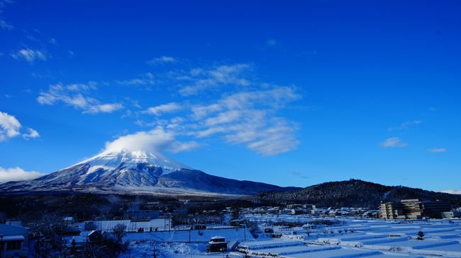 正月気分で富士山を見に行きました。<br />雪が降った時のために、スタッドレス付きのプリウスをレンタルして行きましたが、<br />雪が降ったらどころか、一晩で５０cmの大雪でした。<br />降雪中は目の前にあるはずの富士山は全く見えず。。。<br />でも、翌朝は快晴で部屋の目の前には大きな富士山が見えました。