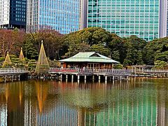 浜離宮恩賜庭園2/2　潮入りの回遊式築山泉水庭　☆中島のお茶屋/高層ビルを背に