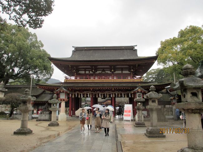 朝からどしゃぶりの雨。由布院を散策しようと思っていましたが、予定変更でちょっと足をのばして大宰府天満宮へお参りに行くことにしました。<br />併せて、隣接する九州国立博物館も見学です。