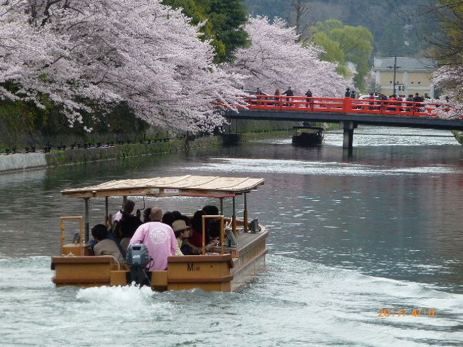 平安神宮のしだれ桜を見に行こう！<br /><br />神苑のしだれ桜が入場制限があるほど見事だと聞いていたので出掛けました。<br /><br />京都・岡崎の桜を舟から見に行こう！　　<br /><br />「十石舟めぐり」Ｗｅｂ予約が出来ます。<br />ＨＰを見てみると希望の日時が満席 （汗<br />もう少し早く気が付けばよかった （涙<br />満開が過ぎて散ってるかもと思ったのですが<br />空席があった１０日で予約しました。<br />今年の桜の開花が遅れていたので満開でした。<br />また少し雲っていましたが雨が降らなくラッキーでした。<br /><br /><br /><br /><br />