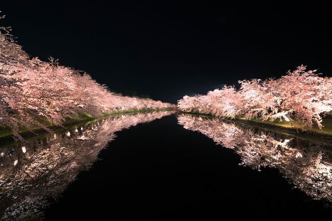 2015年に思いがけず弘前城天守閣改築前の満開の桜をを見てから、どこの桜を見ても「まぁこんなもんだな」と思うようになってしまいました。<br />あれから2年、今年も満開の弘前城の桜を愛でる機会に恵まれましたが、やっぱり弘前城の桜は凄かった!!<br /><br />前回は奇跡のピーカンの晴れ、今年は予報では曇りのはずが、雨が上がるのが遅れ、雨の夜桜スタートとなりました。<br />今年の弘前城の売りは、花筏のようで駅のポスターなどは花筏ばかり、しかし隊長が行ったときは全開の満開!花筏には少し早かったようですが、それでも十分満足した花見になりました。<br /><br />旅行記のほとんどが桜ばかりで、似たような写真の連続で、夜の桜を手持ち撮影しているので、多少粗い写真になっていますが、お時間がありましたらお付き合い下さい。<br />では、弘前城の桜はじまり~