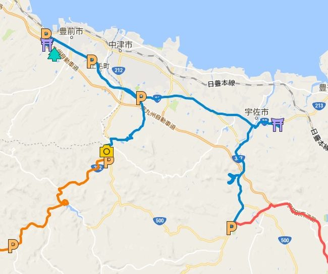 2日目<br /><br />宇佐神宮、大富神社、呉橋、耶馬渓橋、いんない、香下ダム、なかつ、しんよしとみ、豊前おこしかけ、耶馬トピア、耶馬渓、新日本三景・神様、名橋・上級、八面山金色温泉<br />などを巡りました。<br /><br />地図は走行ルート<br />ブルーのラインが走行ルート<br /><br />アイコンがハイドラのチェックポイントのうち、道の駅と神社、観光名所などです。<br /><br />