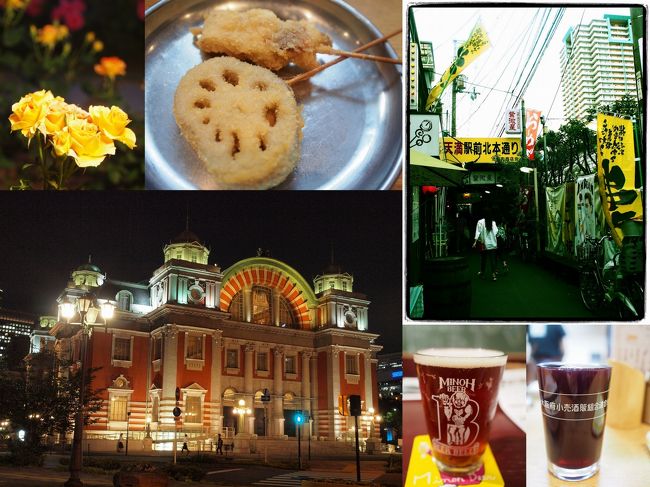 実家から名古屋に戻る途中、大阪で１泊することにしました。<br /><br />２年以上ぶりの大阪<br /><br />久しぶりです<br /><br />天満で思いっきり飲んで　飲んで　飲んで～～～<br /><br />中之島公園で美しいバラを鑑賞してきました