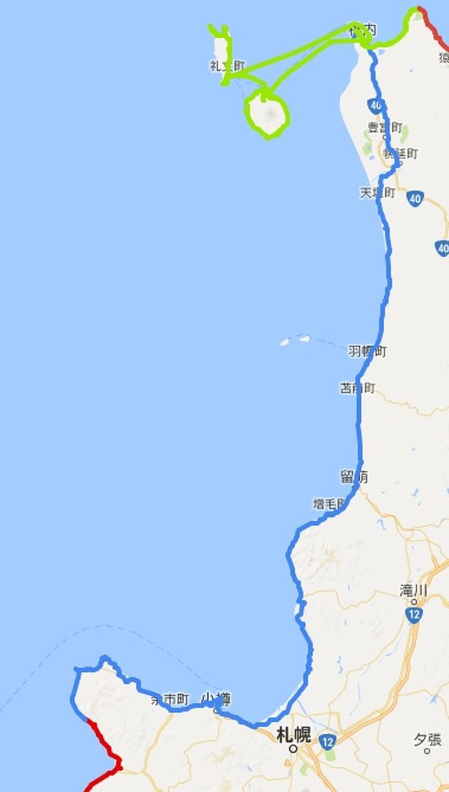 小樽から一気に海岸線を北上して稚内まで走ります。地図の青いラインが走行ルートです。