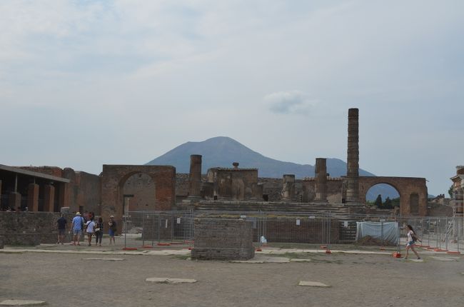 定年退職記念旅行券にかなりの金額を足して、夫婦でイタリア旅行に行ってきました。妻は初ヨーロッパ、私は初イタリア体験。<br />旅行券が利用できる近畿日本ツーリストのホリデイ「JALで行くヨーロッパ、フィレンツェ＆ローマ８日間」にフィレンツェ・ローマ各１日延泊の１０日間。<br />成田からパリ経由でフィレンツェ、フィレンツェ滞在中は市内観光、列車でヴェネツィアとピサに行き、フィレンツェからローマへは列車で移動、ローマ滞在中は市内観光、列車でポンペイとナポリに行きました。<br />復路はローマからヘルシンキ経由で成田まで。<br />これまでプライベートの海外旅行はビーチでのんびりが多かったのですが、今回は観光メイン。十分楽しめました。<br />日数・写真ともに多いので小分けにしていきます。個人を特定できるような画像には全てモザイクなどの加工を施しましたが、抜けがありましたらご指摘ください。<br />その６：ポンペイ＆ナポリ編<br />ローマ滞在中に列車でポンペイ遺跡とナポリ市内を見てきました。