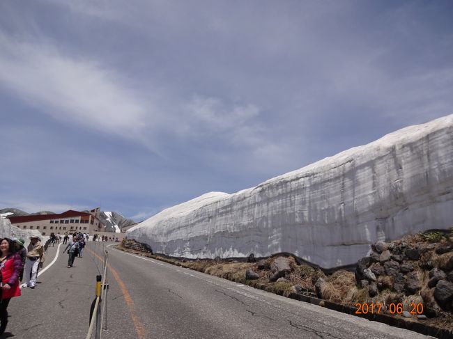 暑中お見舞い申し上げます。<br /><br /><br />旅行２日目は、黒部ダム、雪壁の大谷ウォークなど<br /><br />ハイライトの山盛りです。<br /><br />また、数多くの乗り物を乗り継ぎます。<br /><br />参考までに、路線バス～関電トンネルトロリーバス～黒部ケーブルカー～<br /><br />立山ロープウェー　～立山トンネルトンネルバス～立山高原バス～<br /><br />立山ケーブルカー　～富山地鉄電車　以上の乗り物で赤沢岳並びに<br /><br />立山連峰の主峰雄山のトンネルをくぐる観光で大パノラマに感激いたし<br /><br />ました。<br /><br />＊標高２４５０ｍの立山室堂雪壁ウォーク　シーズン終了２日前でした。