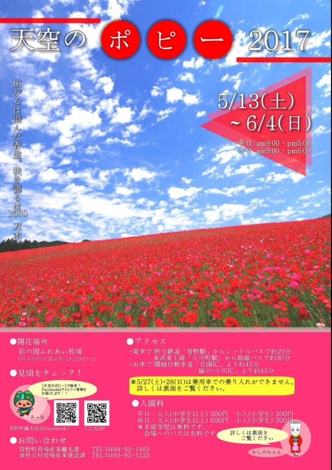 埼玉県秩父郡東秩父村の秩父高原牧場（彩の国ふれあい牧場）で2006年から始まったポピーの植栽が2008年から『天空のポピー』として開催されるようになりました。<br /><br />作付面積は5ｈа、1,500万本を超えるポピーが一面に咲き誇ります。<br />青空を彩る真っ赤な花を咲かせるシャーレーポピーは、天空のポピーと呼ばれていて国内だけでなく、海外からもこれを見に観光客が来るほどです。<br />しかし、今年は残念なことに春先の天候不順があって例年の4割程度しか咲いていないとの事でしたが、それでも約600万本…初めて見た天空のポピーはまさに天国のポピーって感じでした。<br /><br />今年の開催は5/13（土）～6/4（日）の23日間。<br />最終日を経過した6/8と6/9には七分咲きのポピーの摘み・撮り・イベントも開催されます。<br /><br />天空のポピー<br />https://www.tenku-poppy.jp/<br /><br />■旅行記：2017春の秩父へ天空のポピーを見に行く <br />Part2：和銅黒谷で聖神社と日本通貨発祥の地で2度目の銭洗い<br />http://4travel.jp/travelogue/11259645<br /><br />アクアジオグラフイック様からお借りした動画です。<br />https://www.youtube.com/watch?v=s-AJe60Kt2w<br />